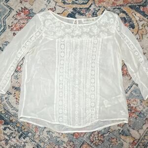 Abercrombie & Fitch White Y2K Boho Embroidered Lace Blouse Size M 100% Cotton